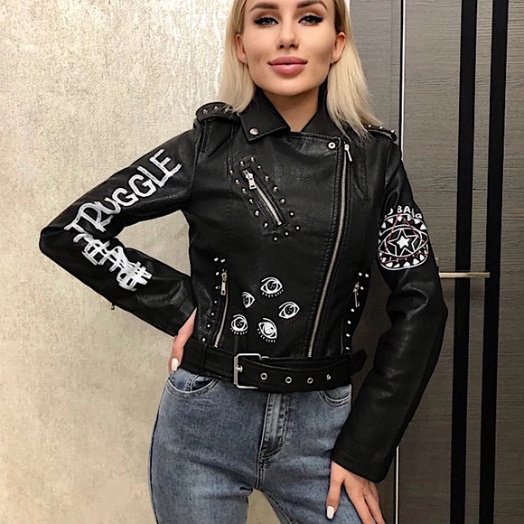 NWOT Black faux leather graffiti studded jacket - Picture 7 of 16